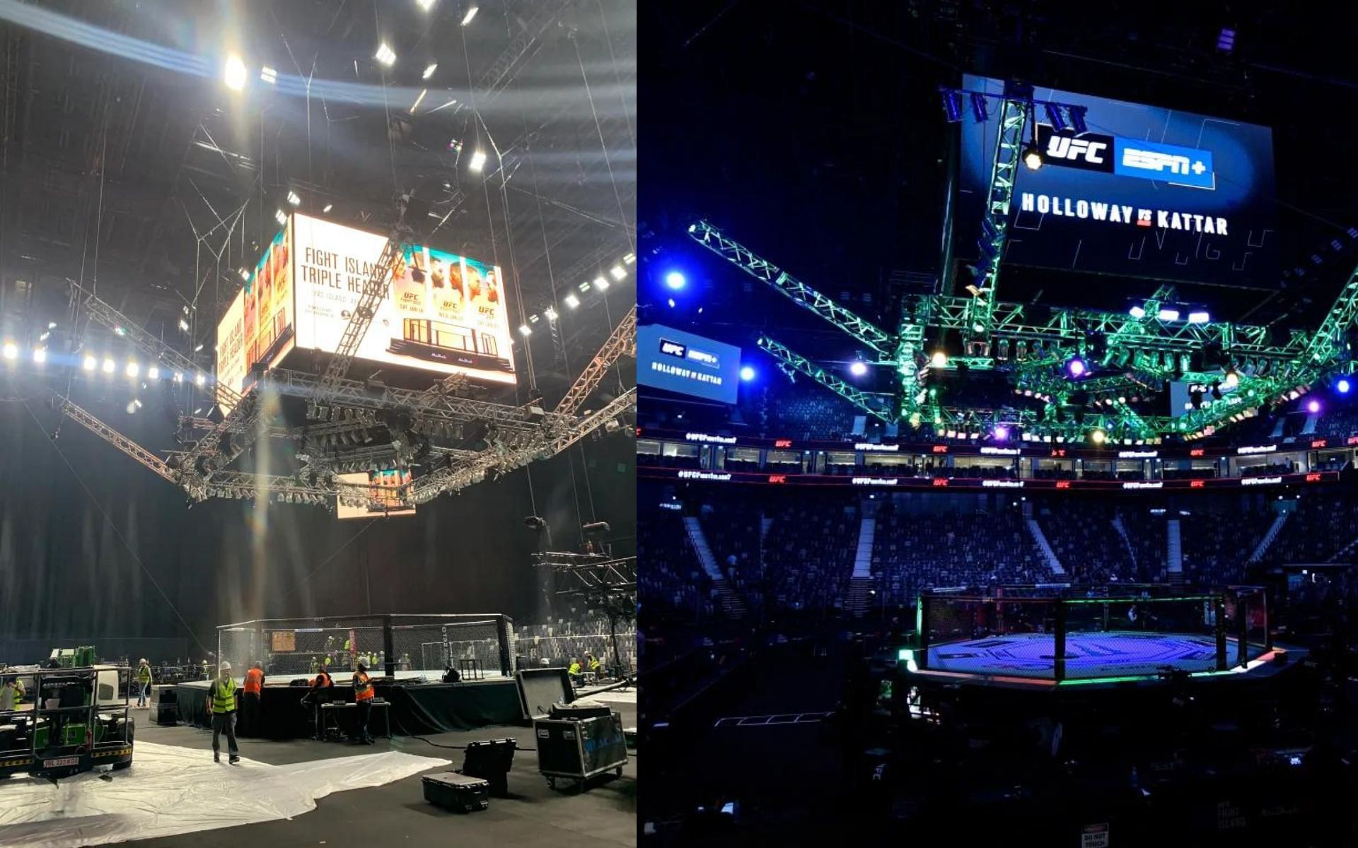 UFC Octagon being set up in the arena (image courtesy @Sun UK)