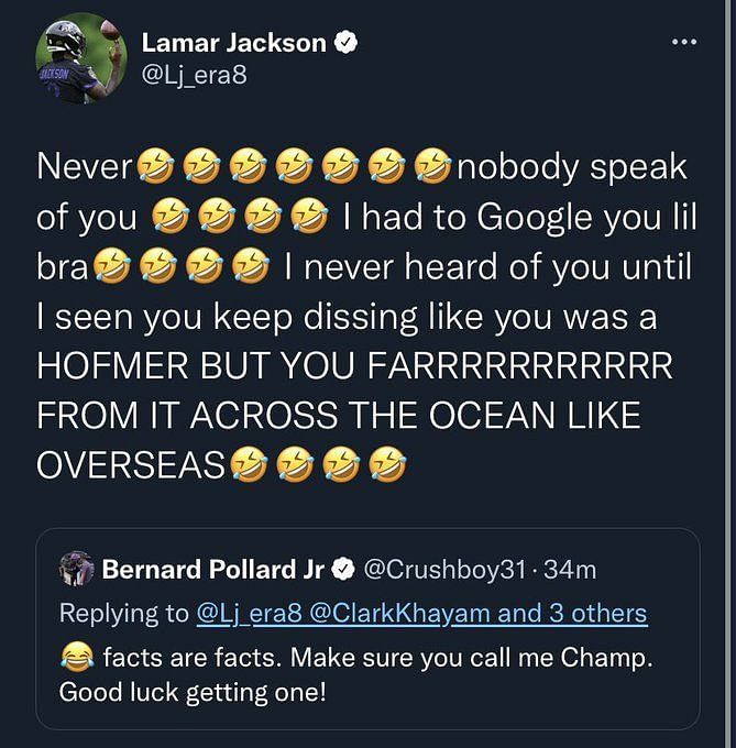 Ravens' Lamar Jackson calls out Bernard Pollard in Twitter feud: 'I had to  Google you'