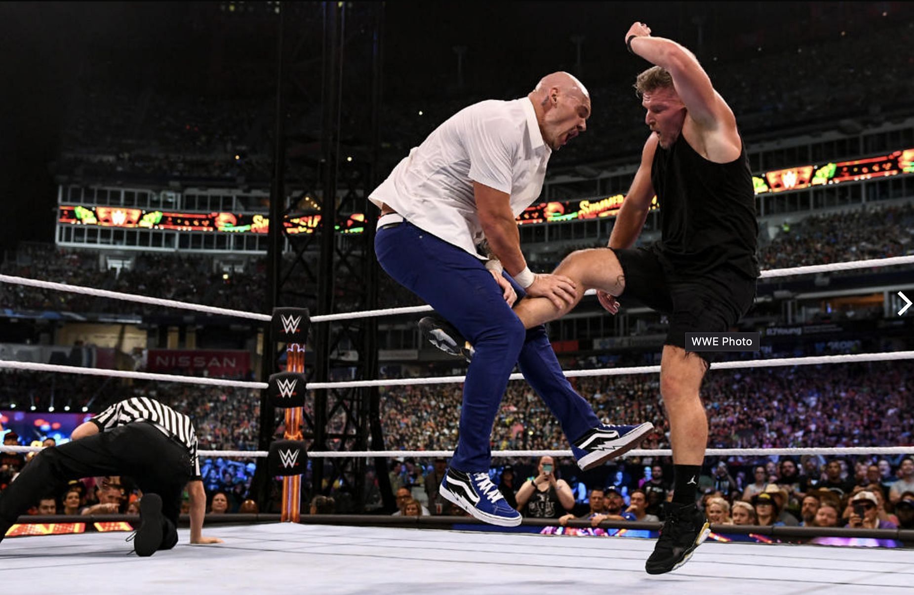 Pat McAfee vs. Happy Corbin at SummerSlam 2022. Source: WWE