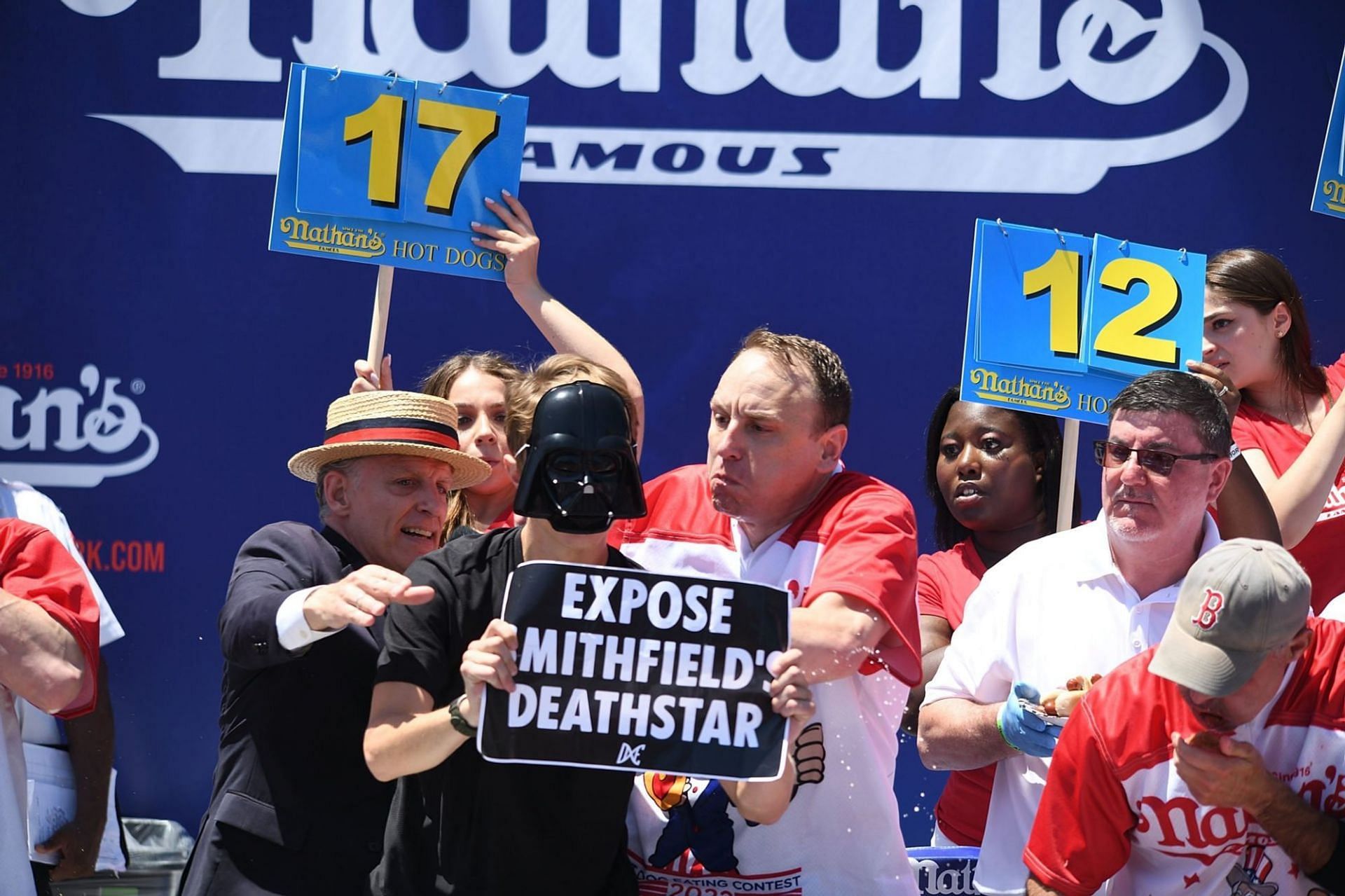 Joey Chestnut attacks protestor amid Nathan&#039;s Hot Dog Eating Contest (Image via Getty Images)