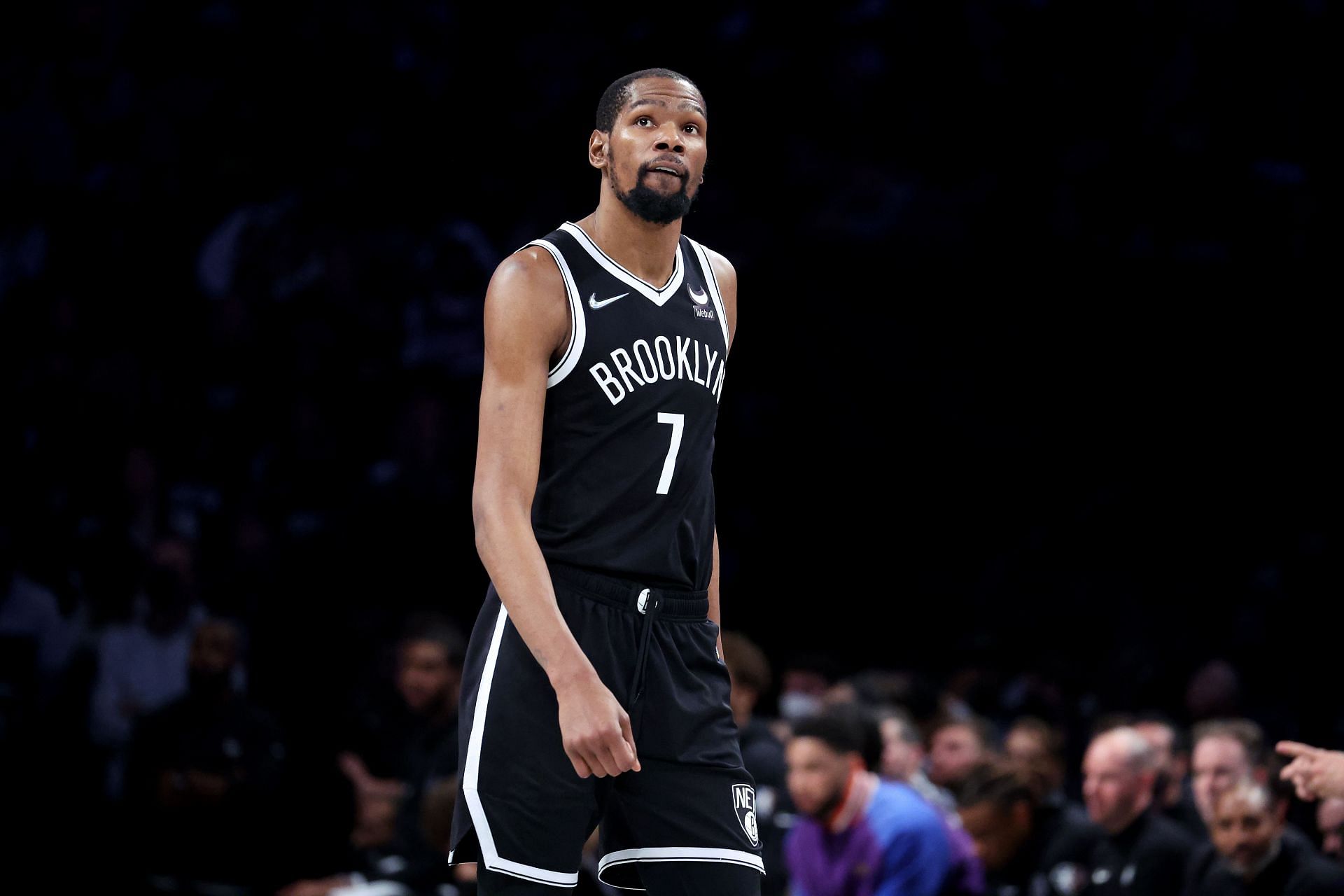 Kevin Durant of the Brooklyn Nets looks on against the Boston Celtics during Game 3 of the first round of the Eastern Conference playoffs at Barclays Center on April 2 in New York City.