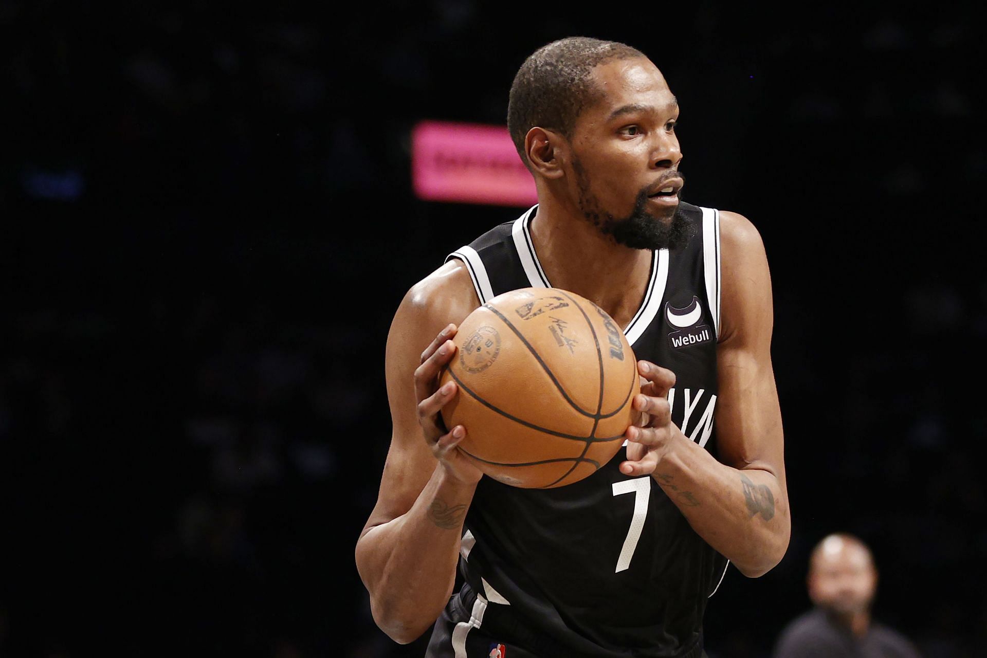 Kevin Durant #7 of the Brooklyn Nets looks to pass during the first half of the Eastern Conference 2022 Play-In Tournament against the Cleveland Cavaliers at Barclays Center on April 12, 2022, in the Brooklyn borough of New York City.