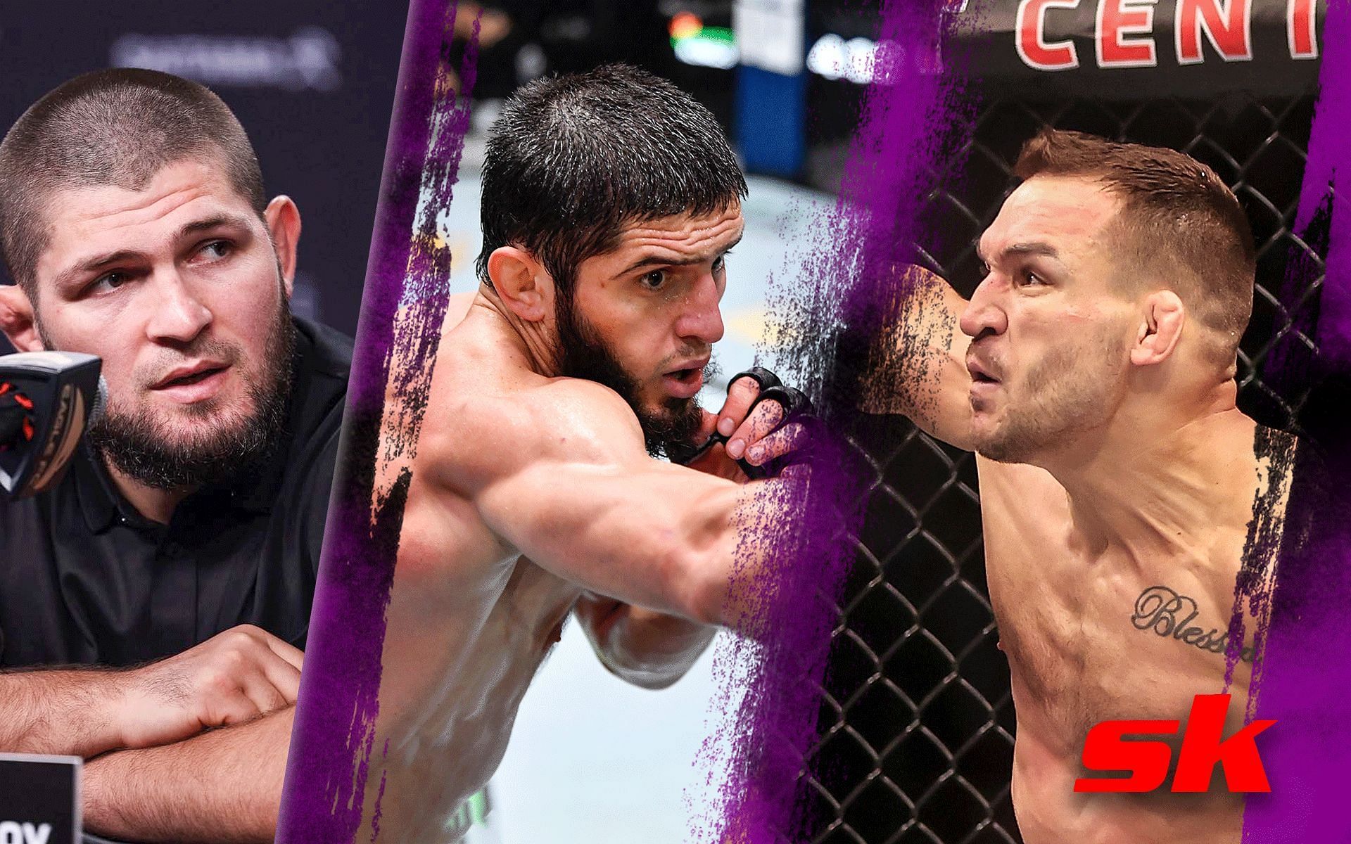 L-R: Khabib Nurmagomedov, Islam Makhachev, and Michael Chandler