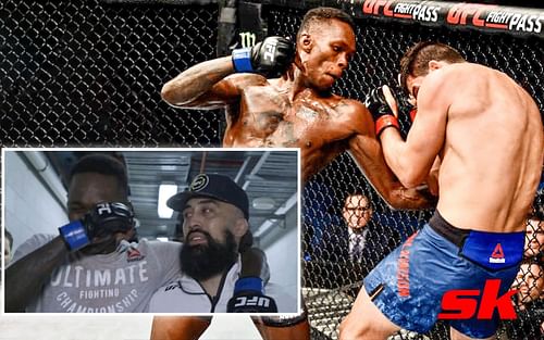 Israel Adesanya in tears after UFC debut [Images via @arielhelwani and @MMAHistoryToday