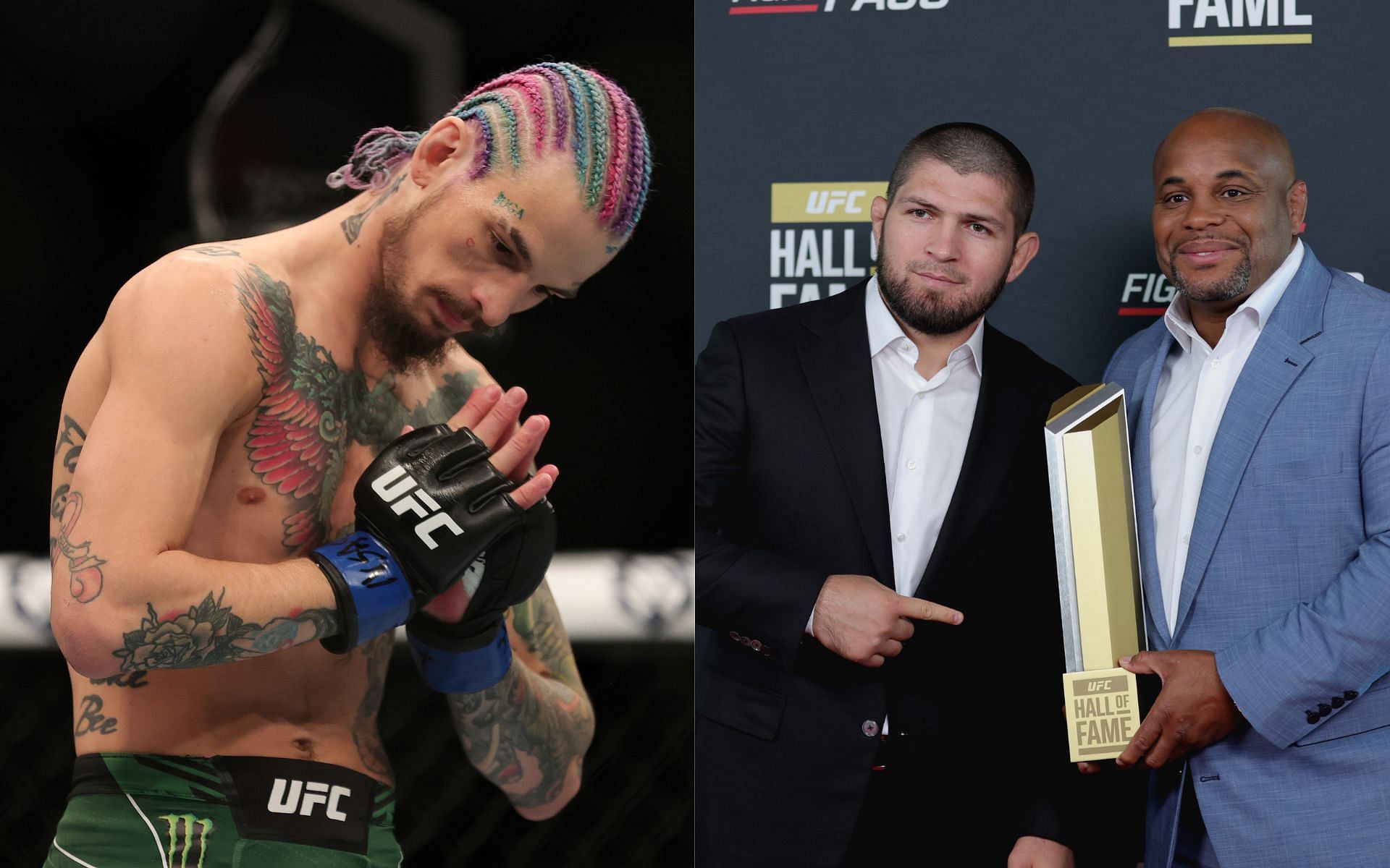 Sean O&#039;Malley (left) and Khabib Nurmagomedov and Daniel Cormier (right)