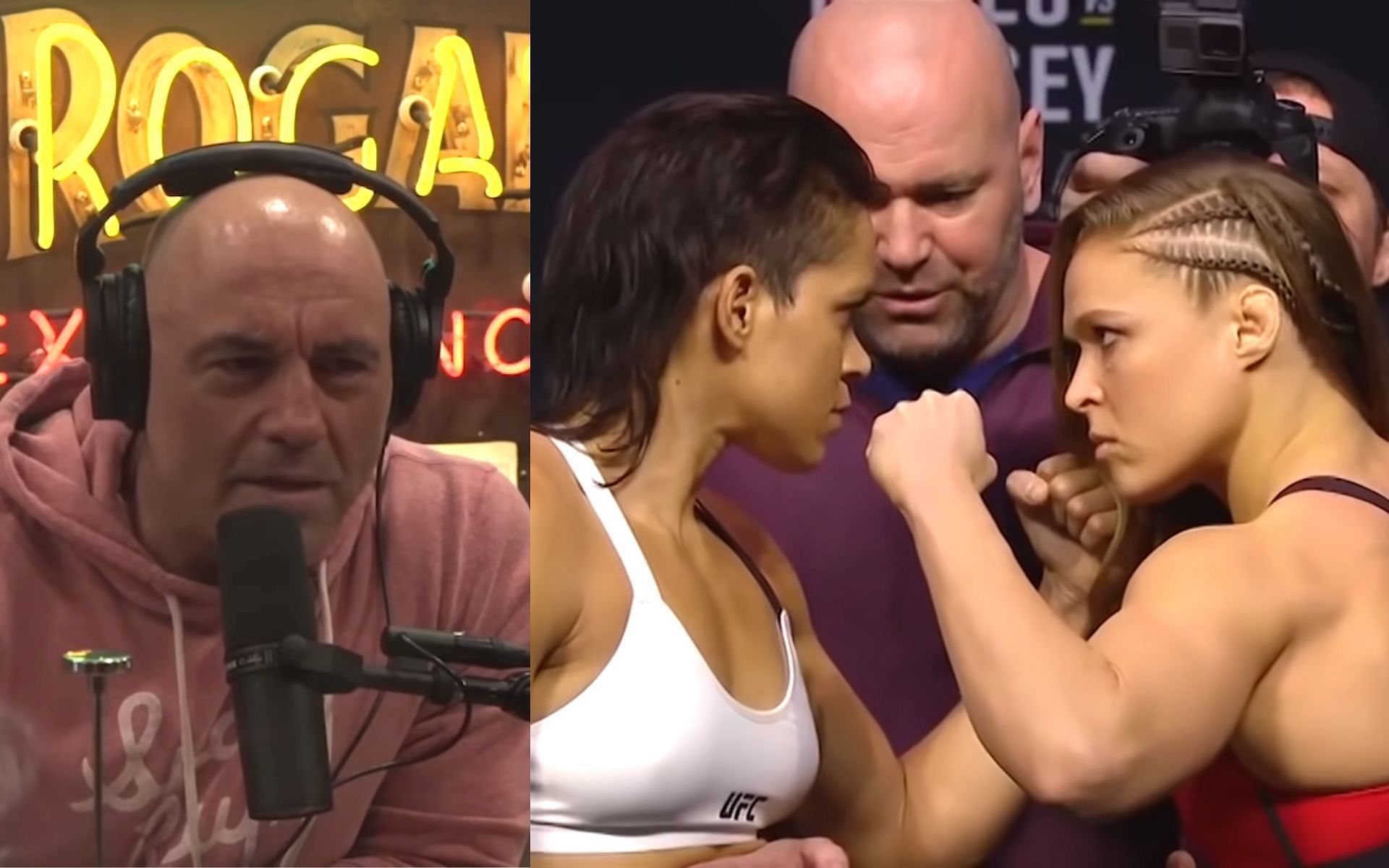 Joe Rogan (left), Amanda Nunes and Ronda Rousey face-off (right) [Images courtesy: JRE Clips and UFC ON FOX via YouTube]