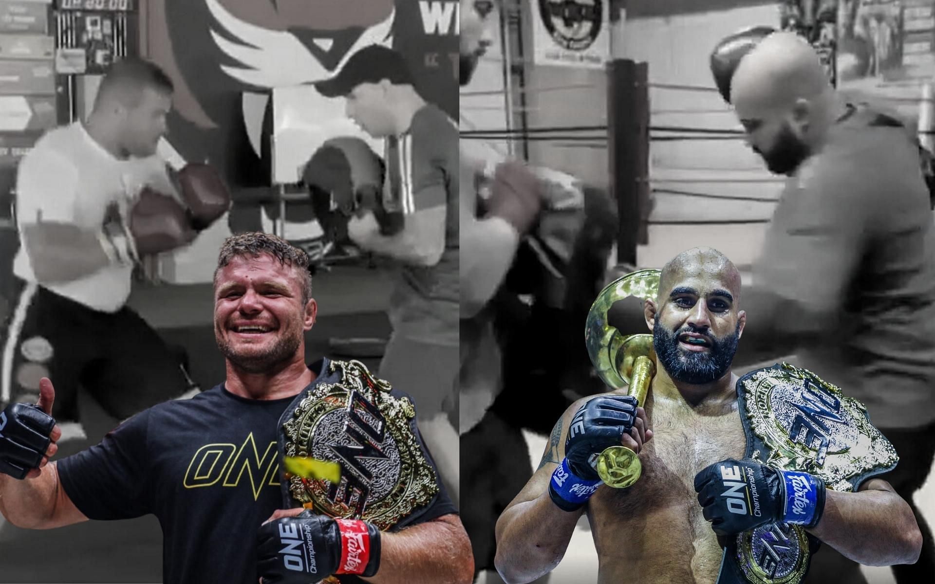 Coach of  Anatoly Malykhin (left) posts a video of his training footage alongside Arjan Bhullar&#039;s training footage (right). (Images courtesy: ONE Championship, @johnboyboxing on Instagram)