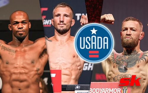 (L-R) Conor McGregor, Jon Jones, T.J. Dillashaw [USADA logo via usada.org]