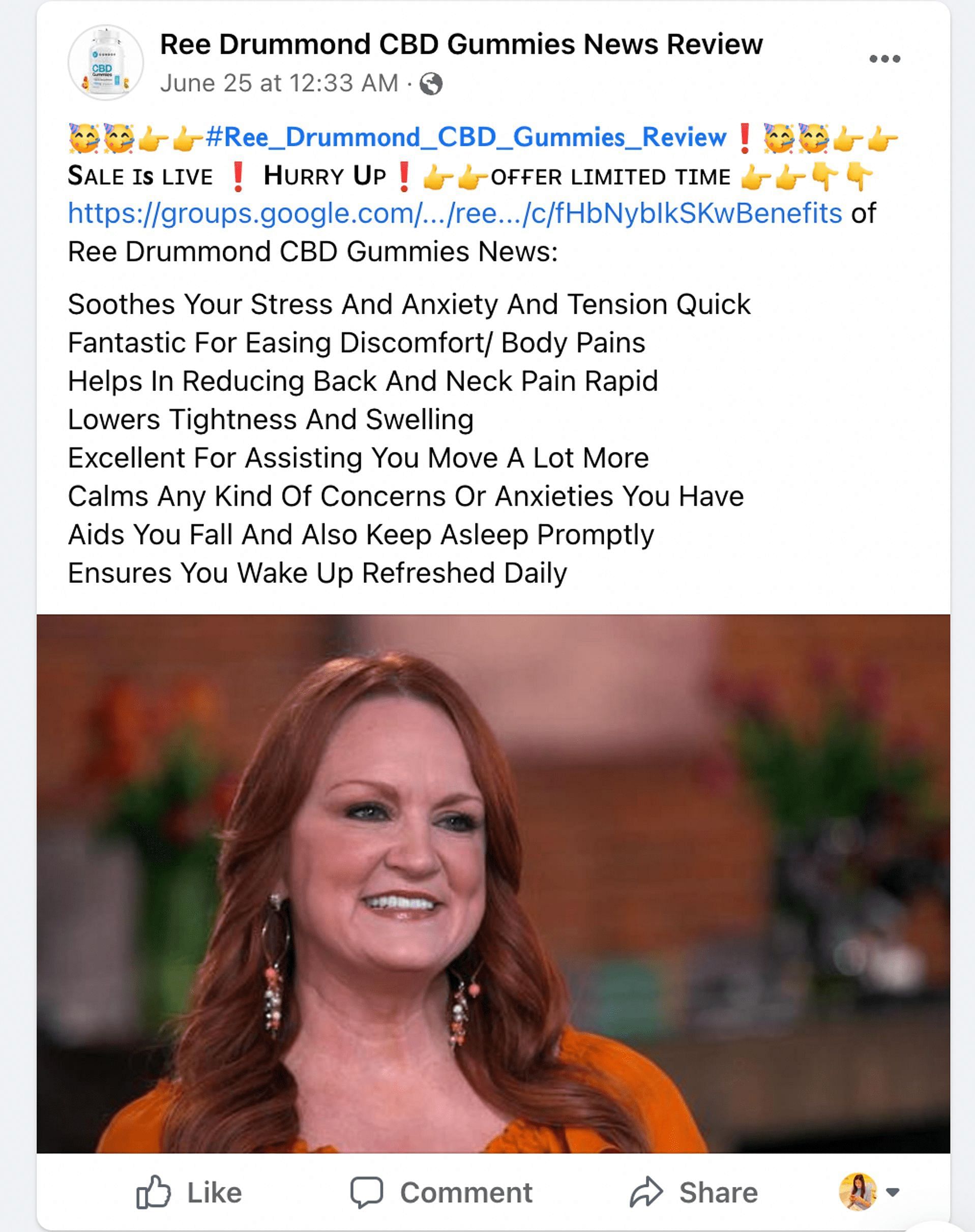 Facebook ad claims of the many &quot;benefits&quot; from the &quot;Ree Drummond&quot; CBD Gummies. (Image via Facebook.com)