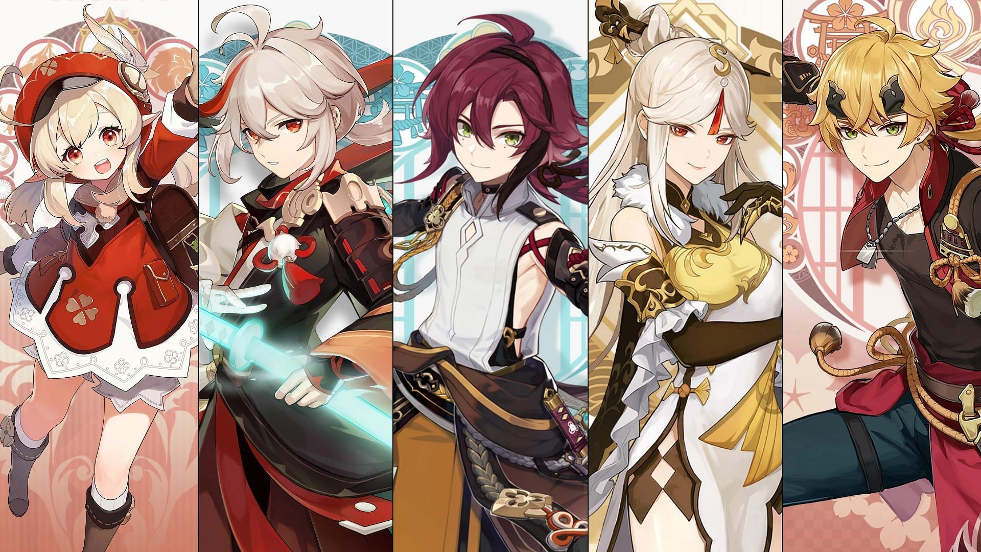 Klee, Kazuha, Heizou, and the two leaked 4-stars who will also appear on the first banner of Genshin Impact 2.8 (Image via HoYoverse)