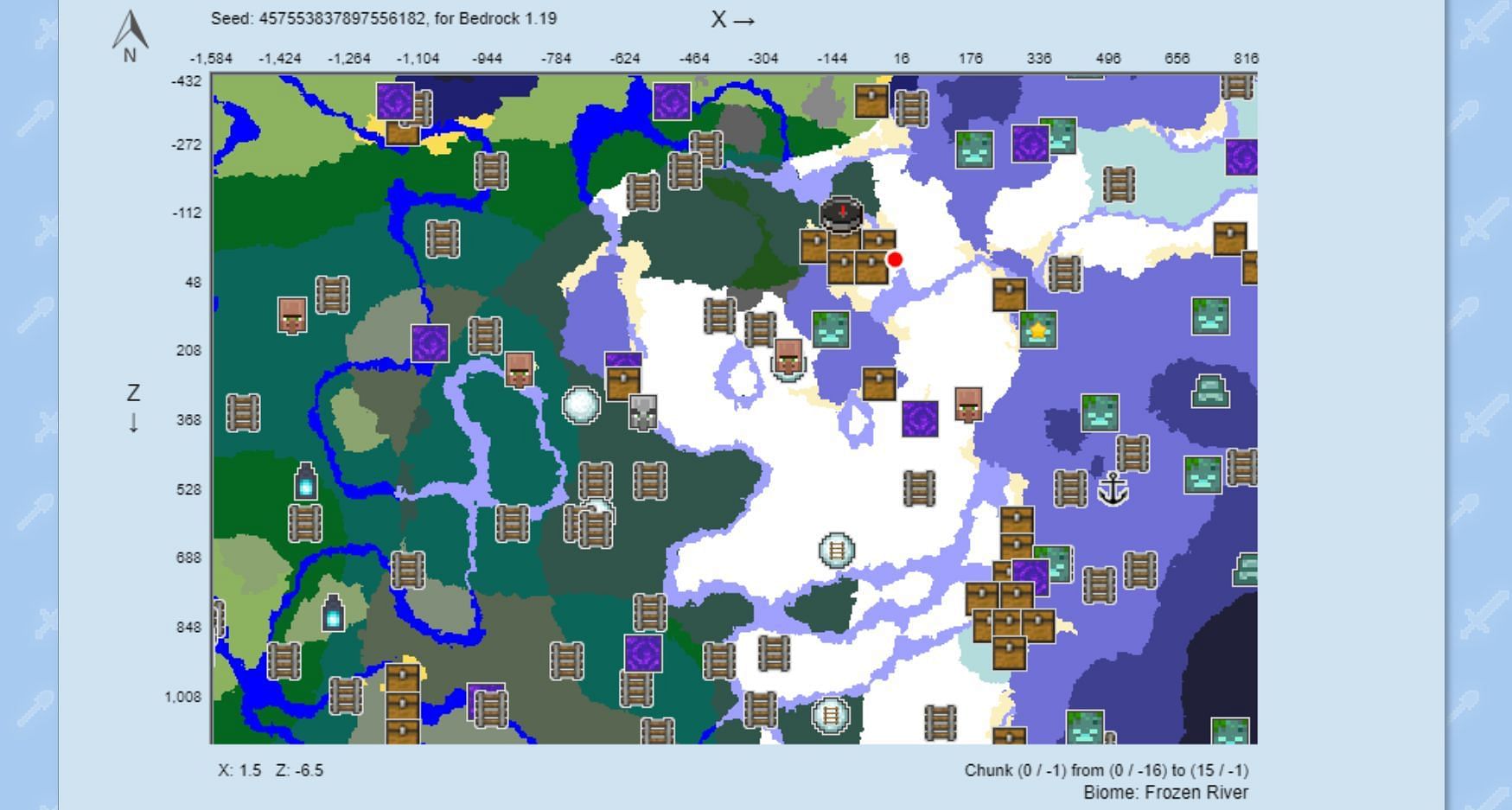 The seed&#039;s spawn area, as generated in a chunk map (Image via Chunkbase)