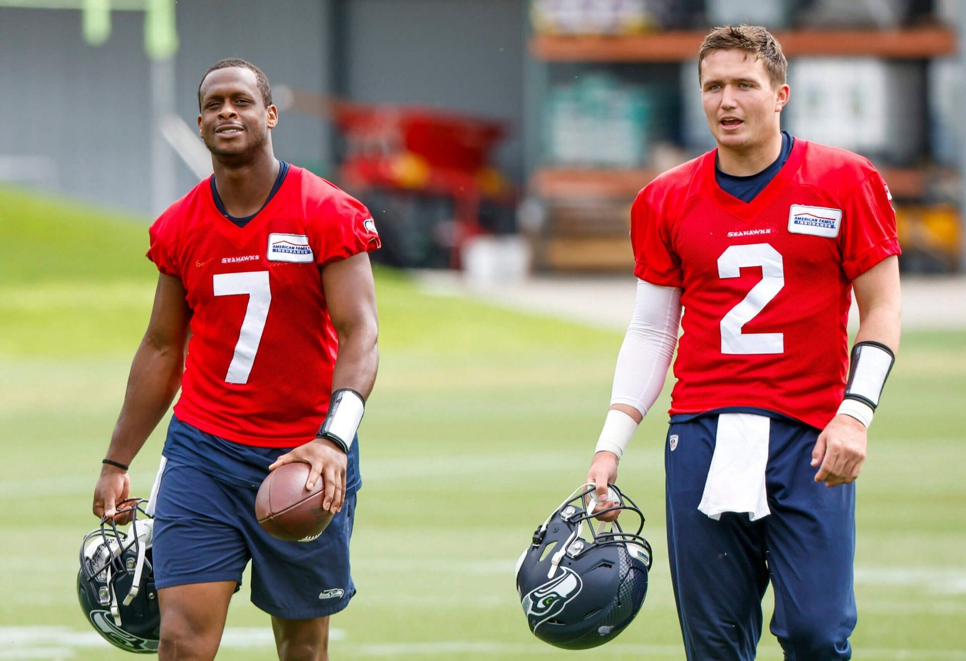 Seattle QB Geno Smith (#7) and Drew Lock (#2). Source: The Athletic