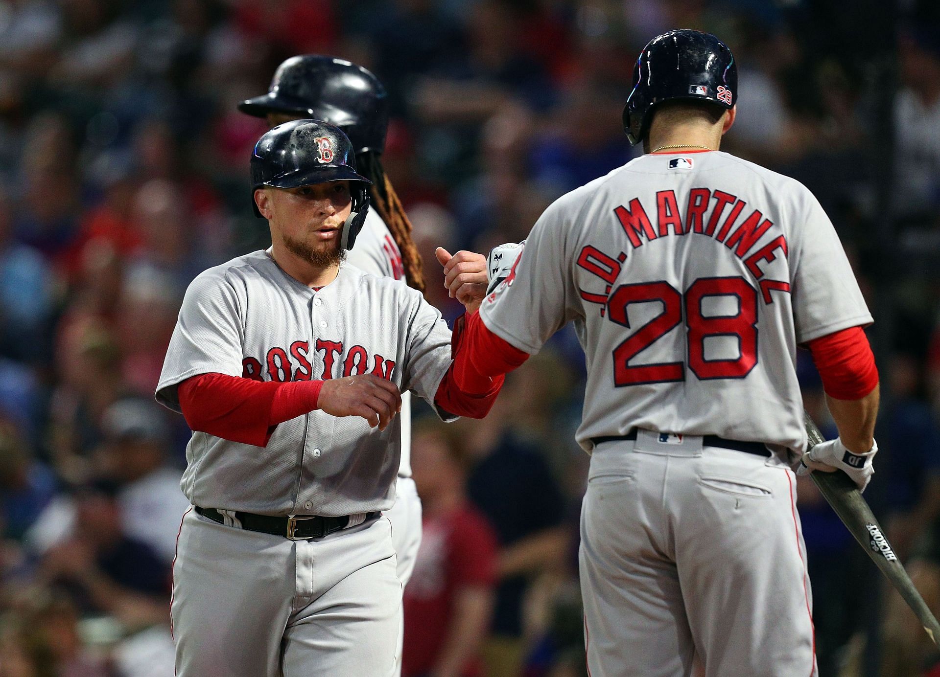 Christian Vazquez (left) and J.D. Martinez (right) are among several trade candidates at this year&#039;s deadline. This is during a Boston Red Sox v Texas Rangers game this season.