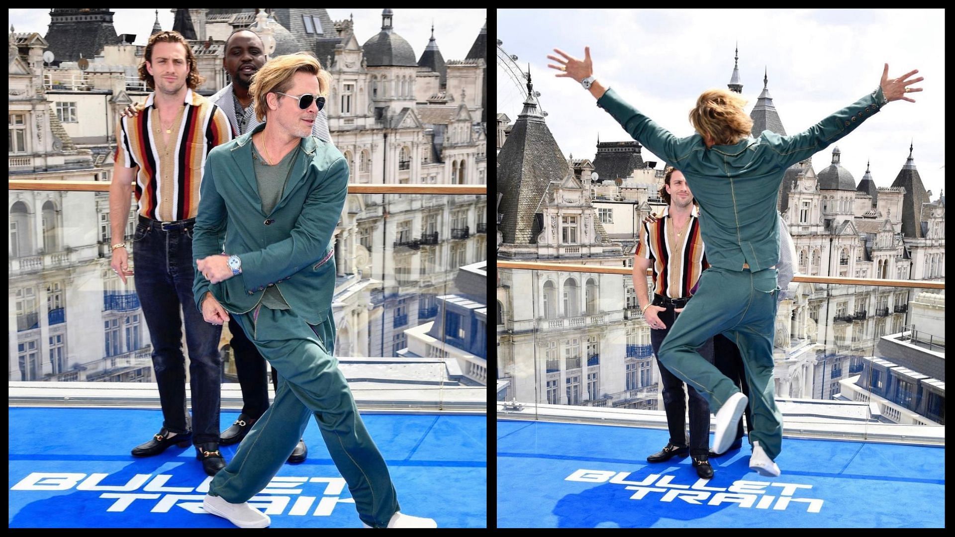 Pitt sported a teal-colored suit for a photocall in London (Image via Instagram/@bradpittdiaries)