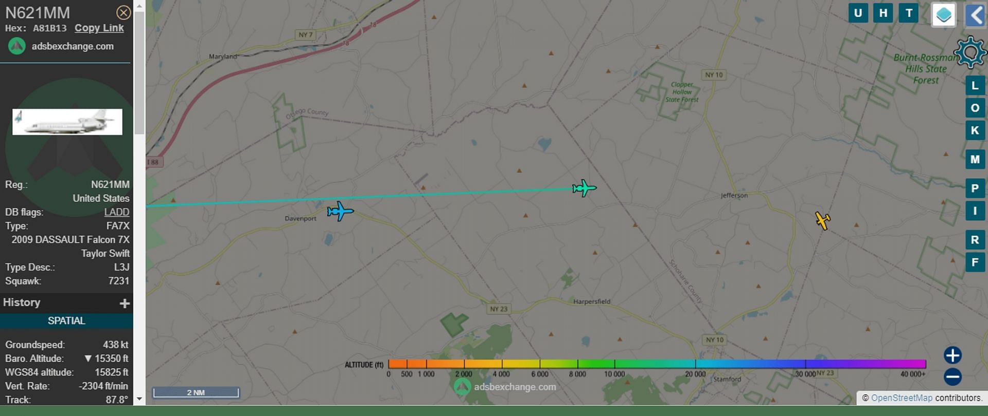 Swift&#039;s jet flight track (Image via ADSBexchange.com)