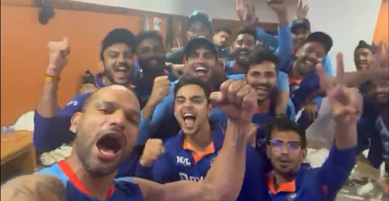 Shikhar Dhawan and Team India celebrate after winning the second ODI against West Indies. Pic: Shikhar Dhawan/ Twitter