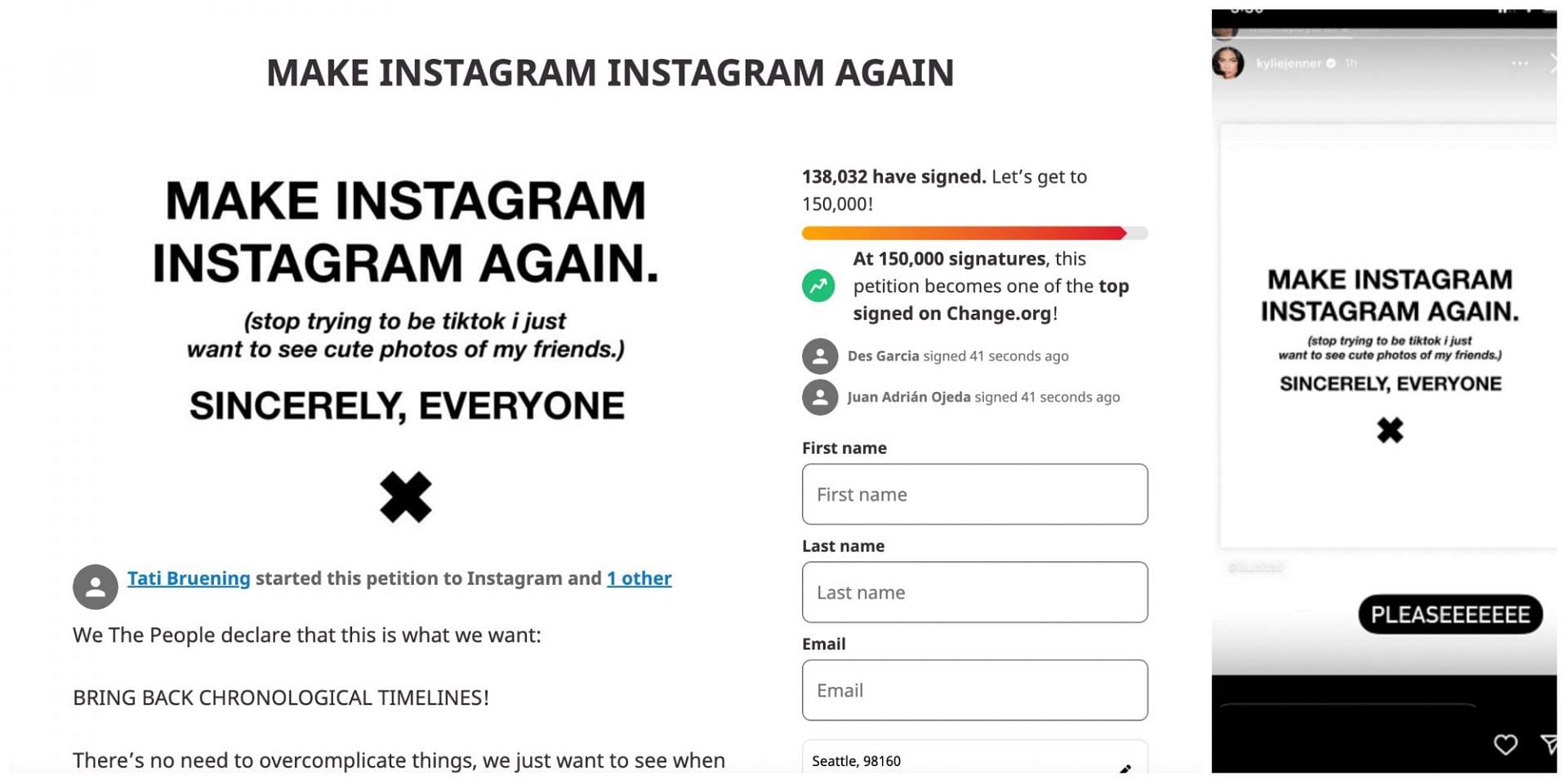 &quot;Make Instagram Instagram again&quot; trends on social media; Kylie Jenner also joins the movement. (Image via change.org)