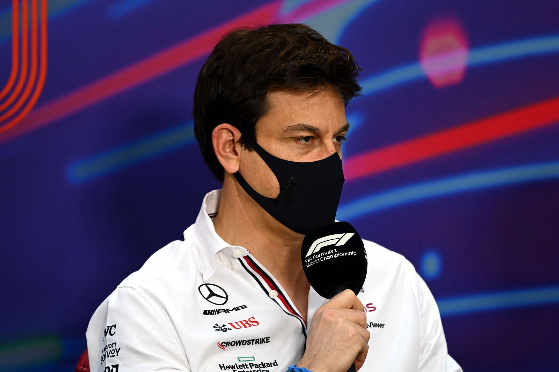 Mercedes team principal Toto Wolff speakign to the media prior to the 2022 F1 Bahrain GP. (Photo by Clive Mason/Getty Images)