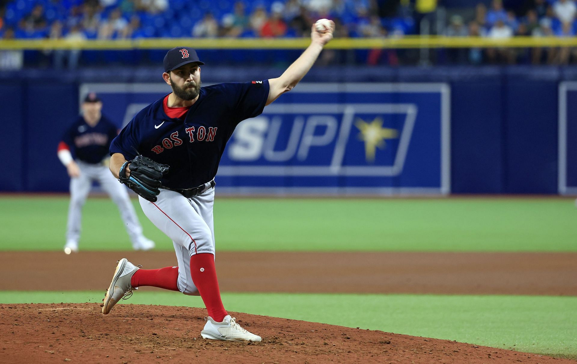 Austin Davis #56 of the Boston Red Sox pitches in the fifth inning during a game against the Tampa Bay Rays at Tropicana Field.