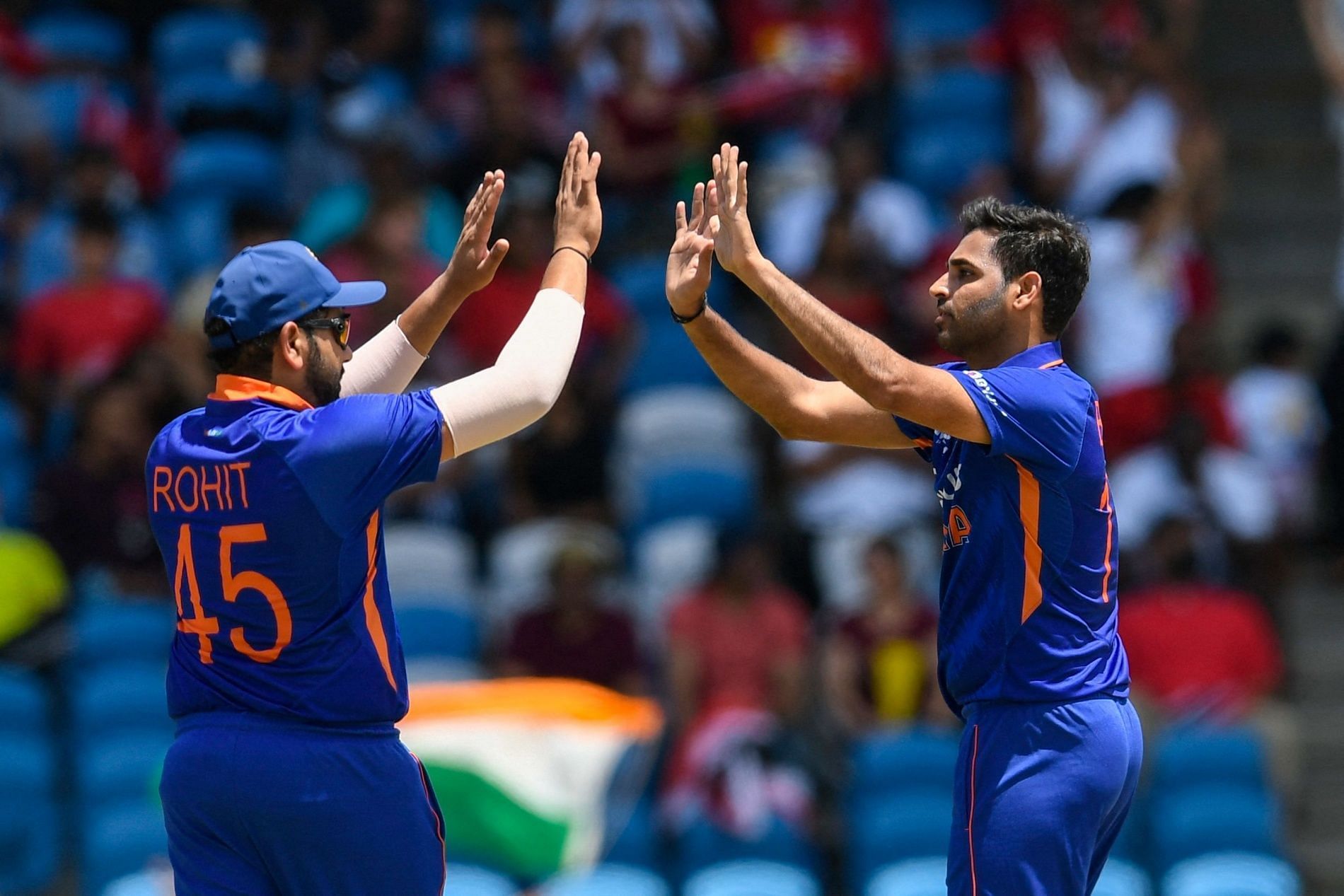 Rohit Sharma (left) and Bhuvneshwar Kumar during the 1st T20I against West Indies. Pic: BCCI