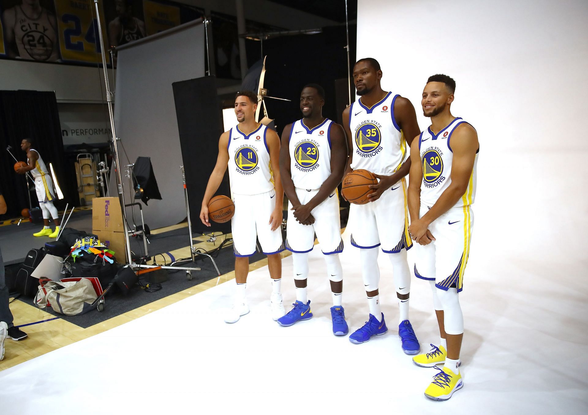 (R-L) Steph Curry, Kevin Durant, Draymond Green and Klay Thompson of the Golden State Warriors in 2017