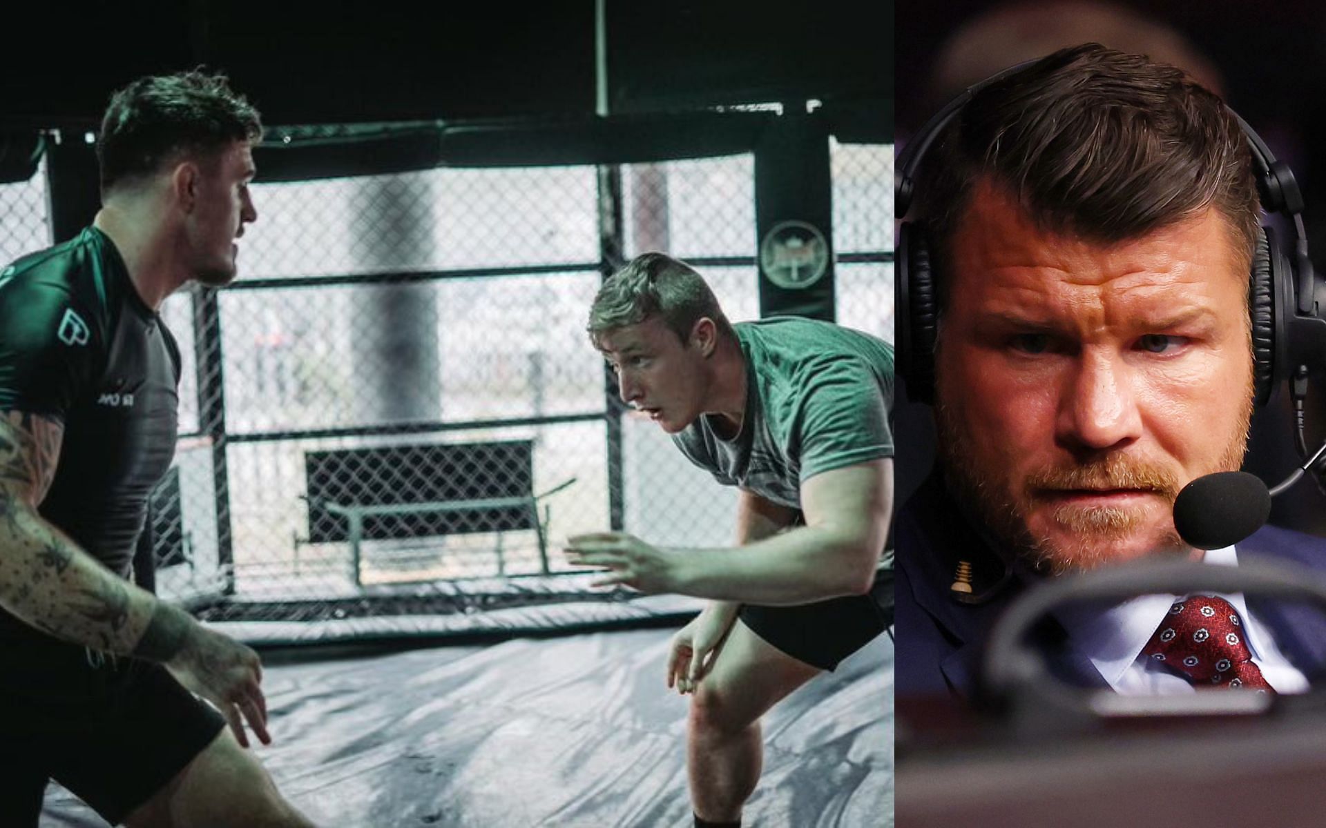 Tom Aspinall and Callum Bisping sparring (left), and Michael Bisping (right). [Left image courtesy @calpolkidSF on Twitter)