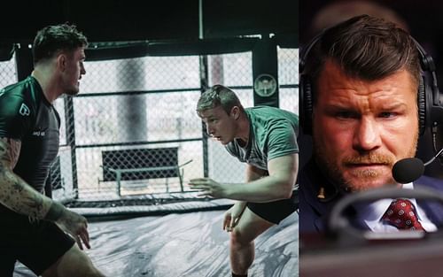 Tom Aspinall and Callum Bisping sparring (left), and Michael Bisping (right). [Left image courtesy @calpolkidSF on Twitter)