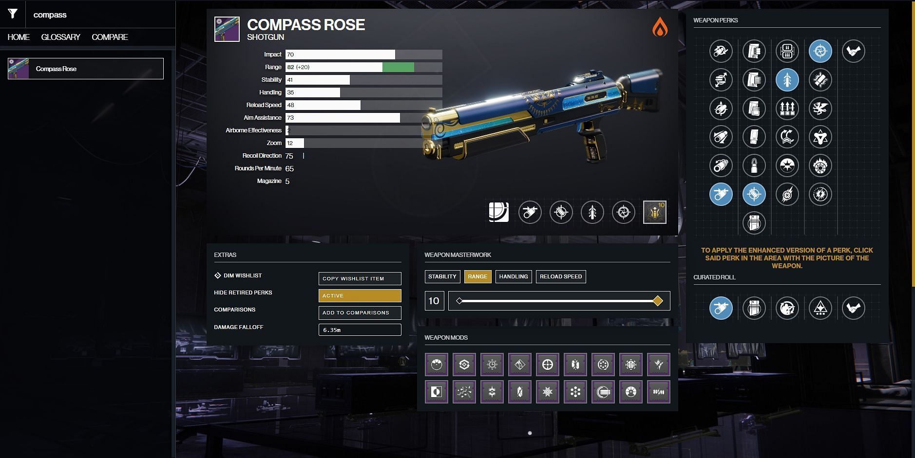 PvP god roll for Compass Rose (Image via Bungie)