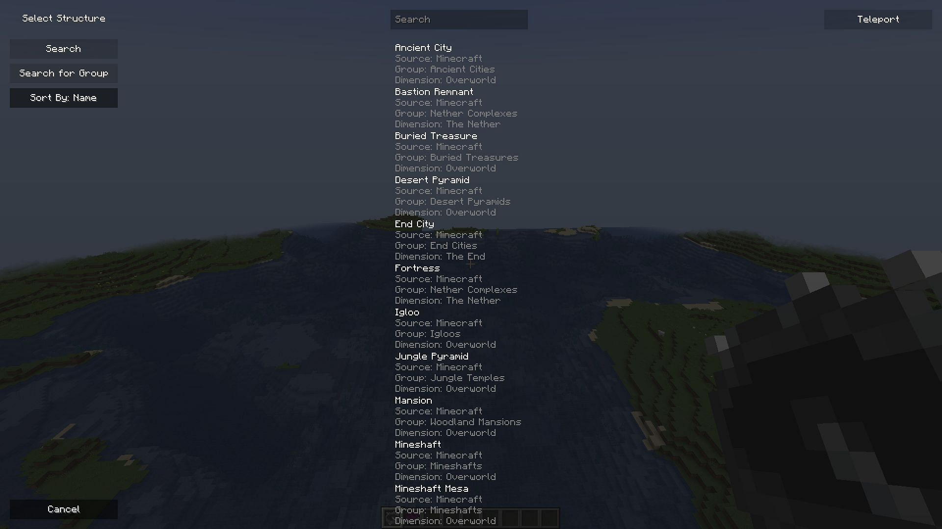 The list of structures the compass can search for (Image via Minecraft)