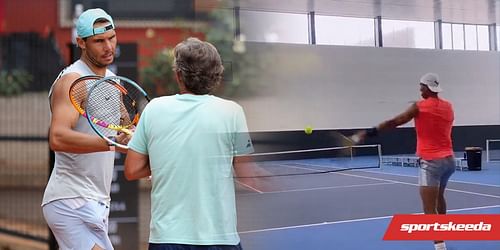 Rafael Nadal hits the court with Joan Nadal.