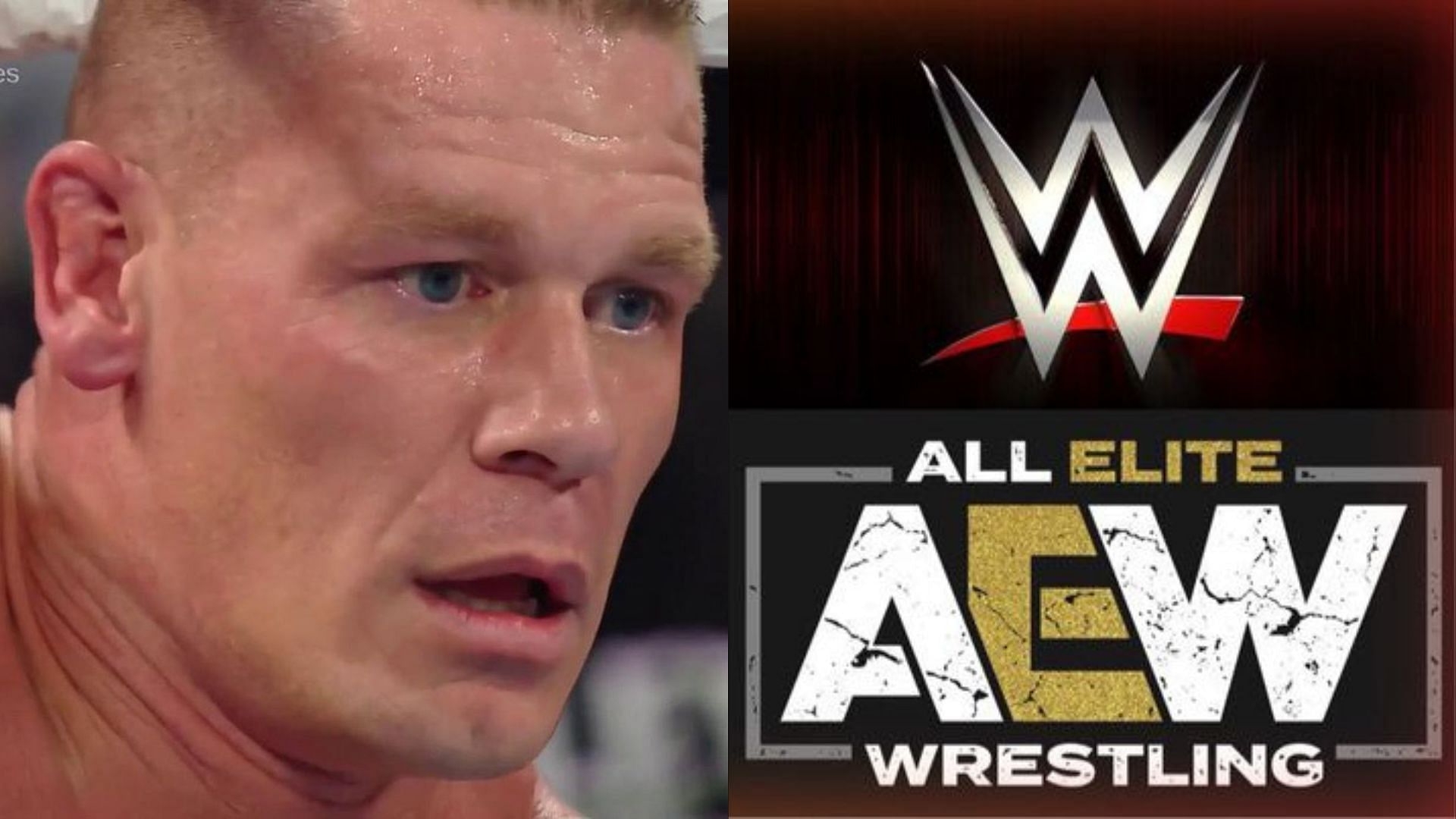 John Cena (left), AEW, and WWE logos (right)