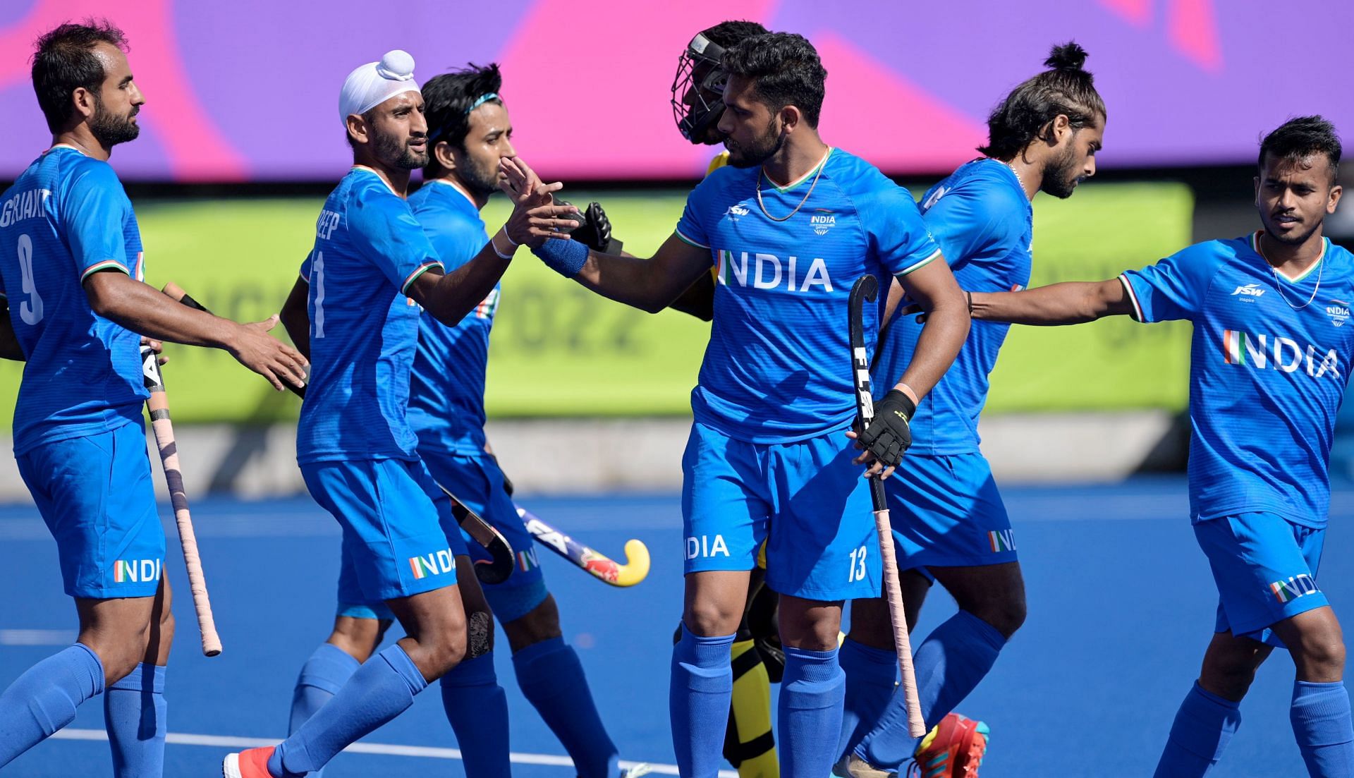 The Indian men&#039;s hockey team celebrate a goal. (PC: Hockey India)