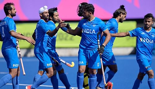 The Indian men's hockey team celebrate a goal. (PC: Hockey India)