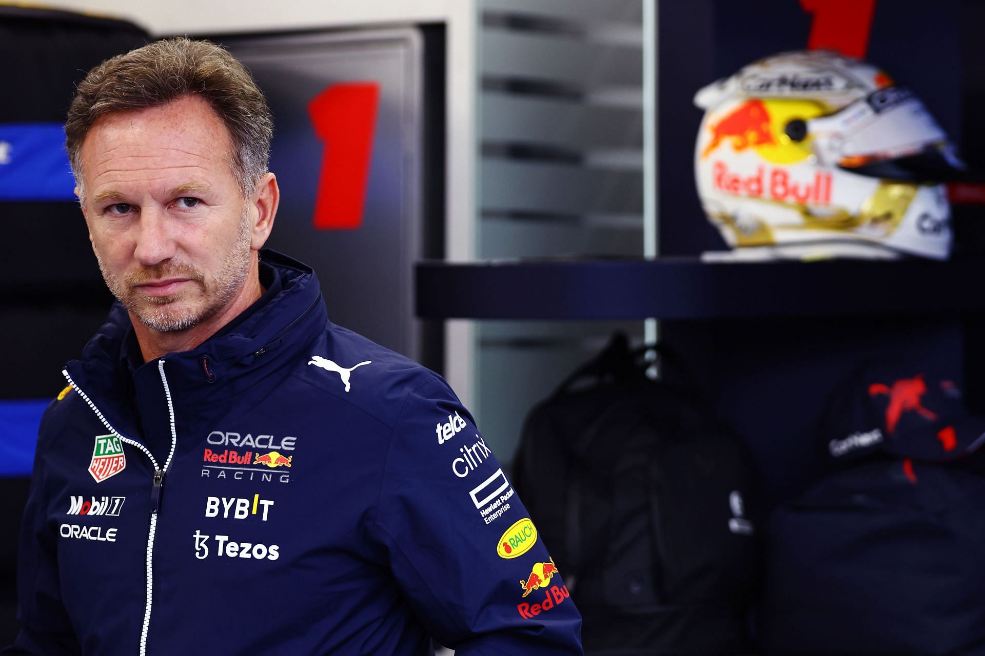 F1 Red Bull Racing Team Principal Christian Horner looks on in the garage ahead of the F1 Grand Prix of Hungary at Hungaroring on July 31, 2022 in Budapest, Hungary. (Photo by Mark Thompson/Getty Images) Prix of Hungary