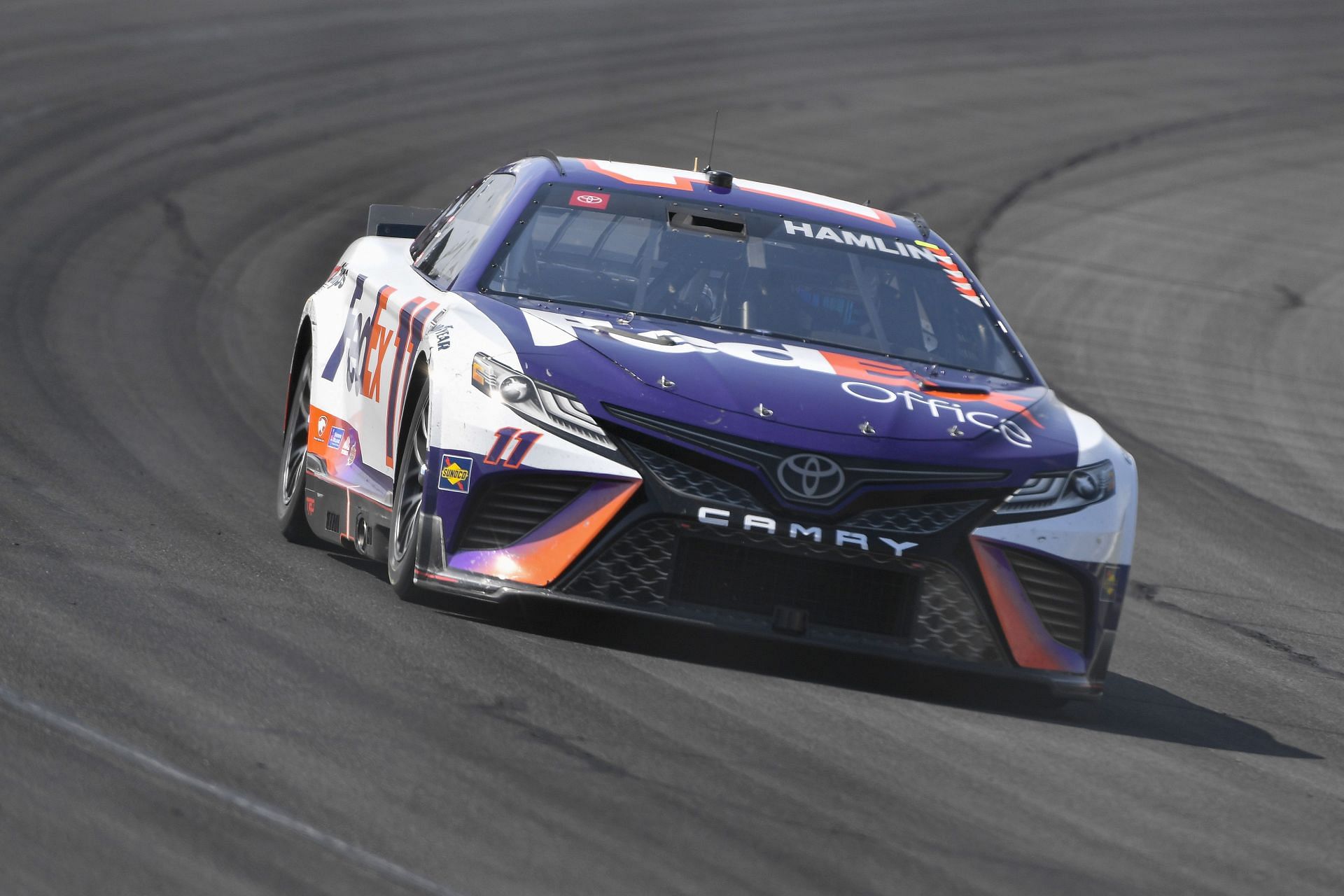 Denny Hamlin drives during the 2022 NASCAR Cup Series M&amp;M&#039;s Fan Appreciation 400 at Pocono Raceway in Long Pond, Pennsylvania. (Photo by Logan Riely/Getty Images)
