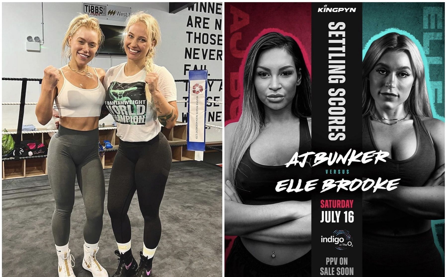 Elle Brooke (left) and Ebanie Bridges (right), AJ Bunker (left) and Elle Brooke (right) - Images via @ebanie_bridges and @kingpynboxing on Instagram
