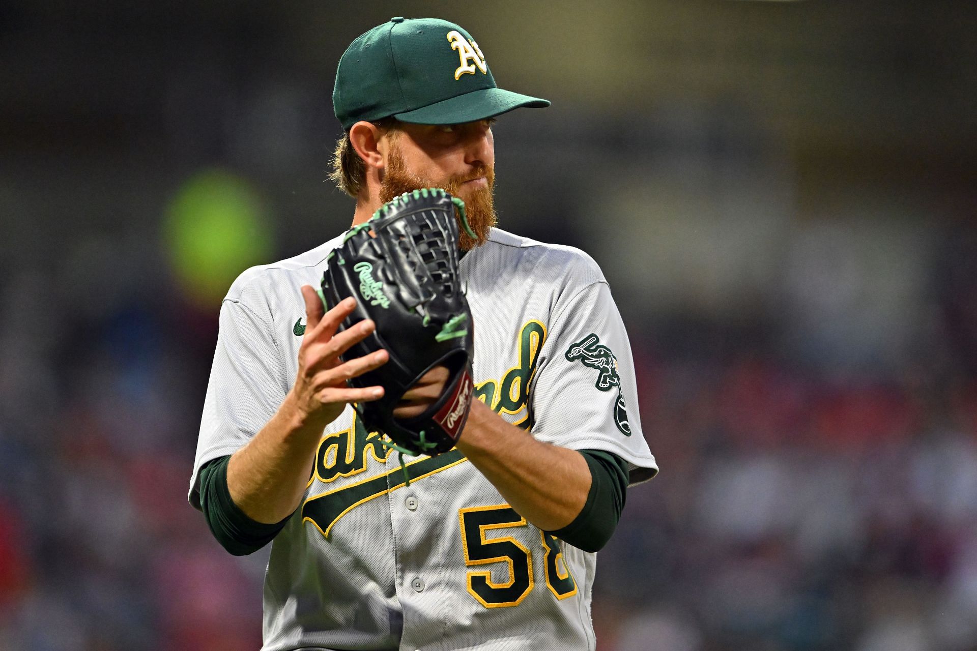 Blackburn on the mound for the Oakland Athletics against the Cleveland Guardians.