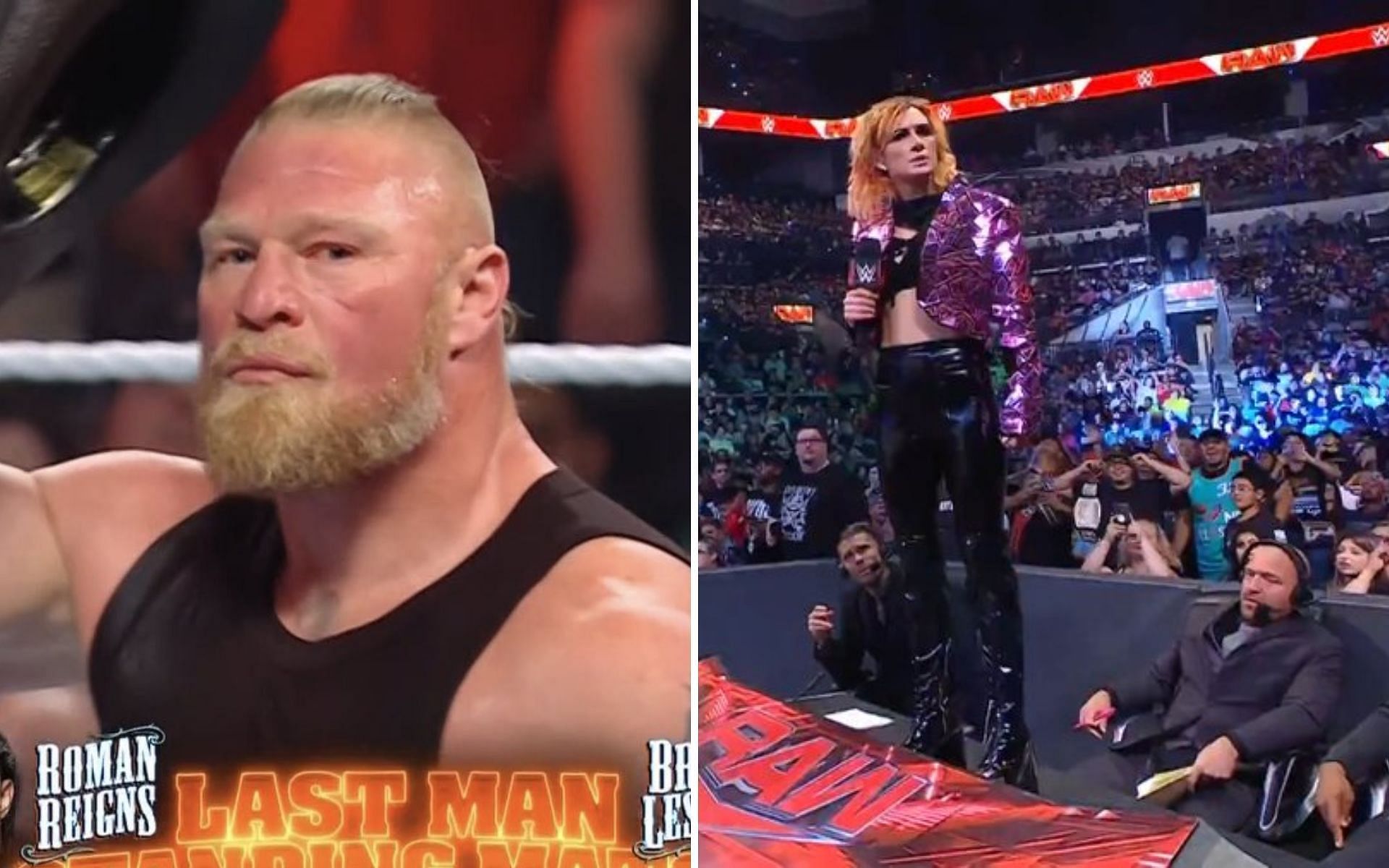 Brock Lesnar (left); Becky Lynch on the commentary table (right)