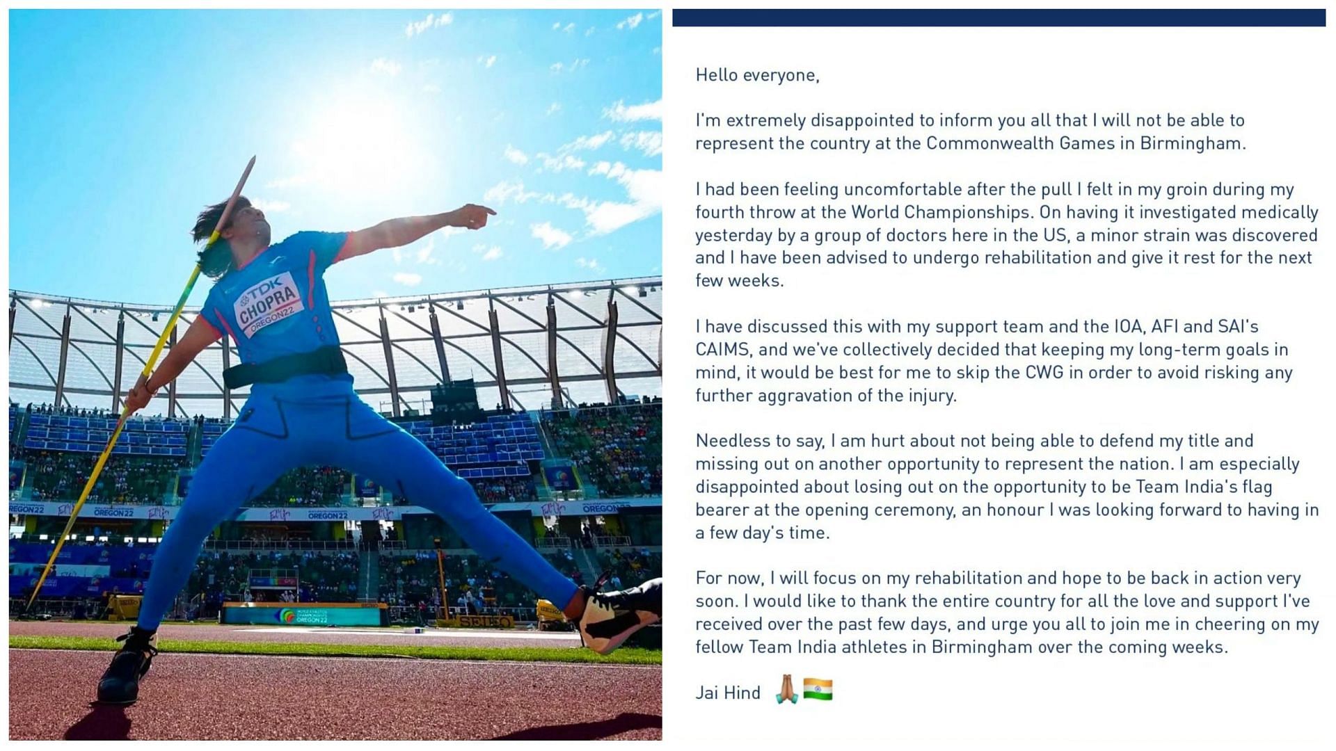 Neeraj Chopra pens down a heartfelt note (Pic Credit: Neeraj twitter)