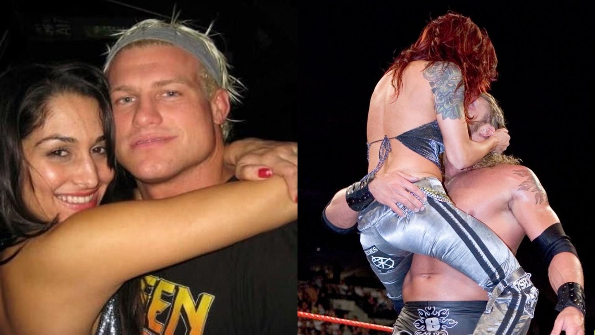 Dolph Ziggler with Nikki Bella (left) and Edge with Lita (right) .
