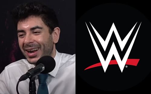 AEW President Tony Khan (left) and WWE logo (right).