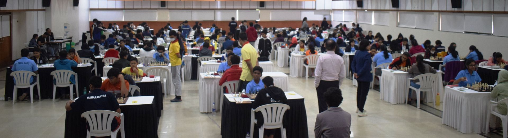 Participants in action during the seventh round matches of the National Junior Chess Championship in Pune on Saturday. (Pic credit: AICF)