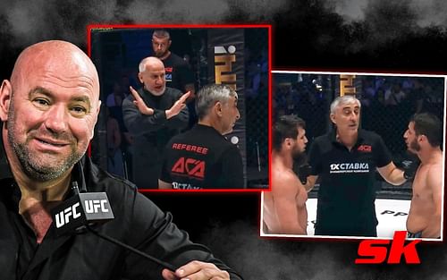 Dana White (left), and Mairbek Khasiev stopping the ACA fight (center) [Image credits: Khasiev and ACA images via Twitter @VestnikMMA]