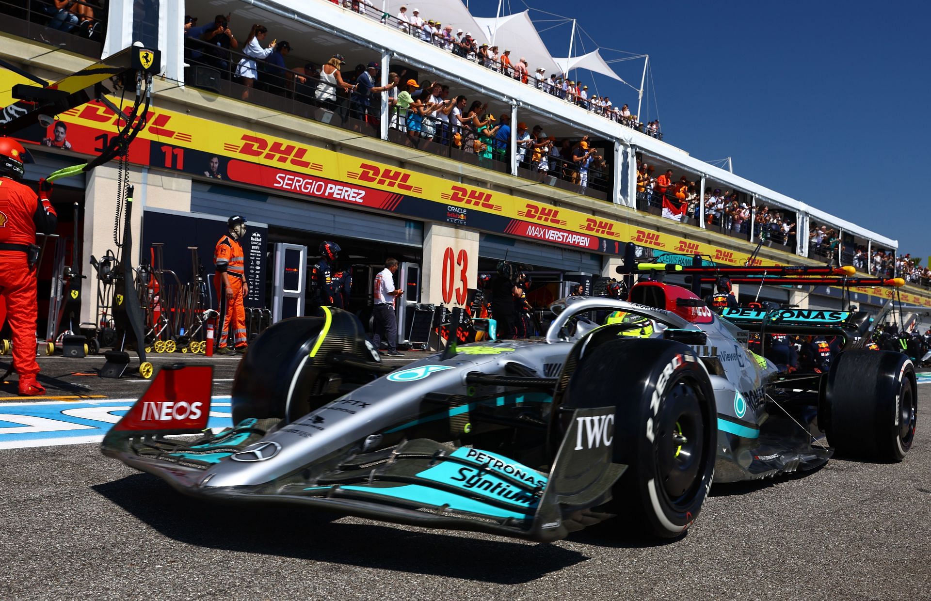 The Mercedes W13 in the pitlane during the F1 Grand Prix of France at Circuit Paul Ricard on July 24, 2022, in Le Castellet, France. (Photo by Mark Thompson/Getty Images)