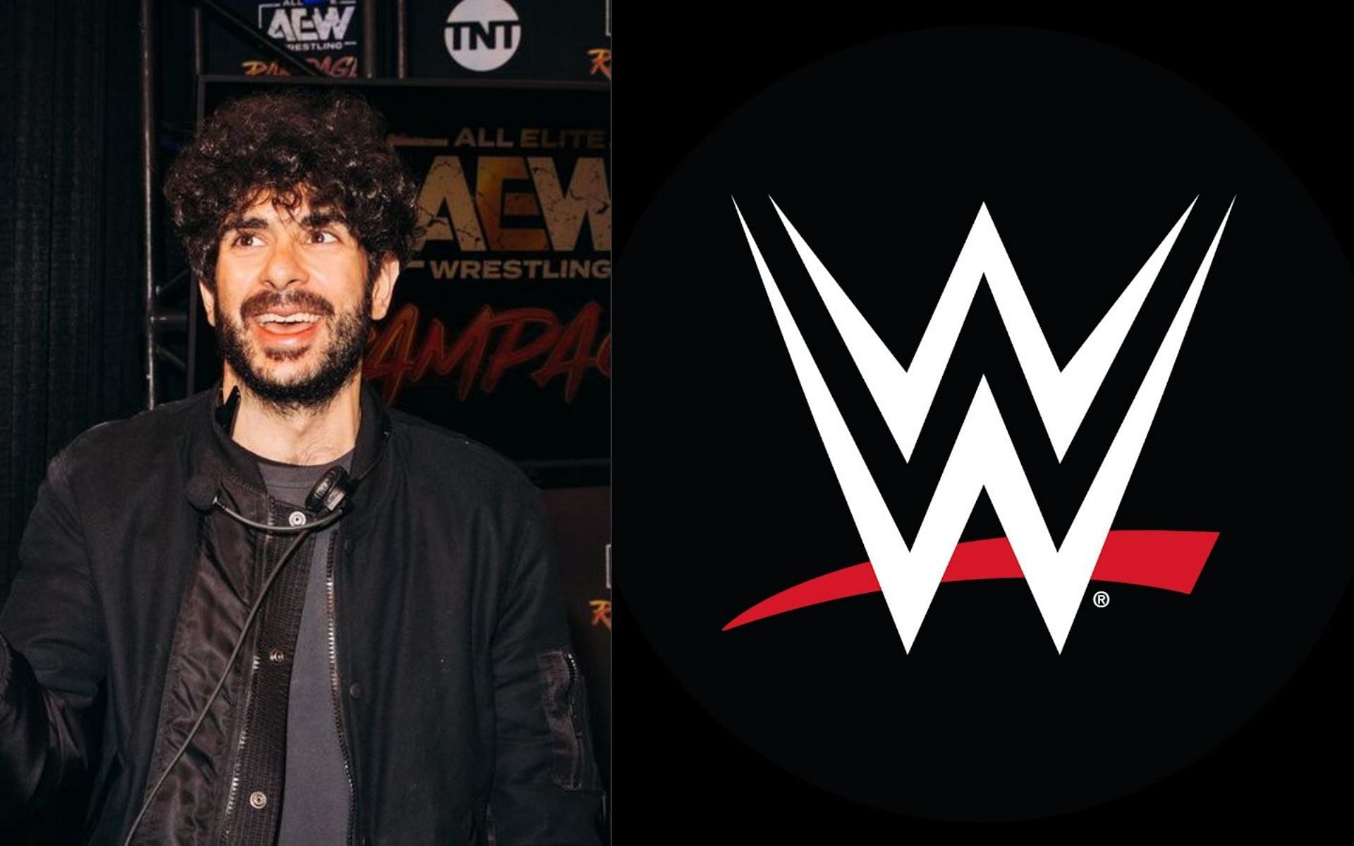 AEW President Tony Khan (left) and WWE logo (right).