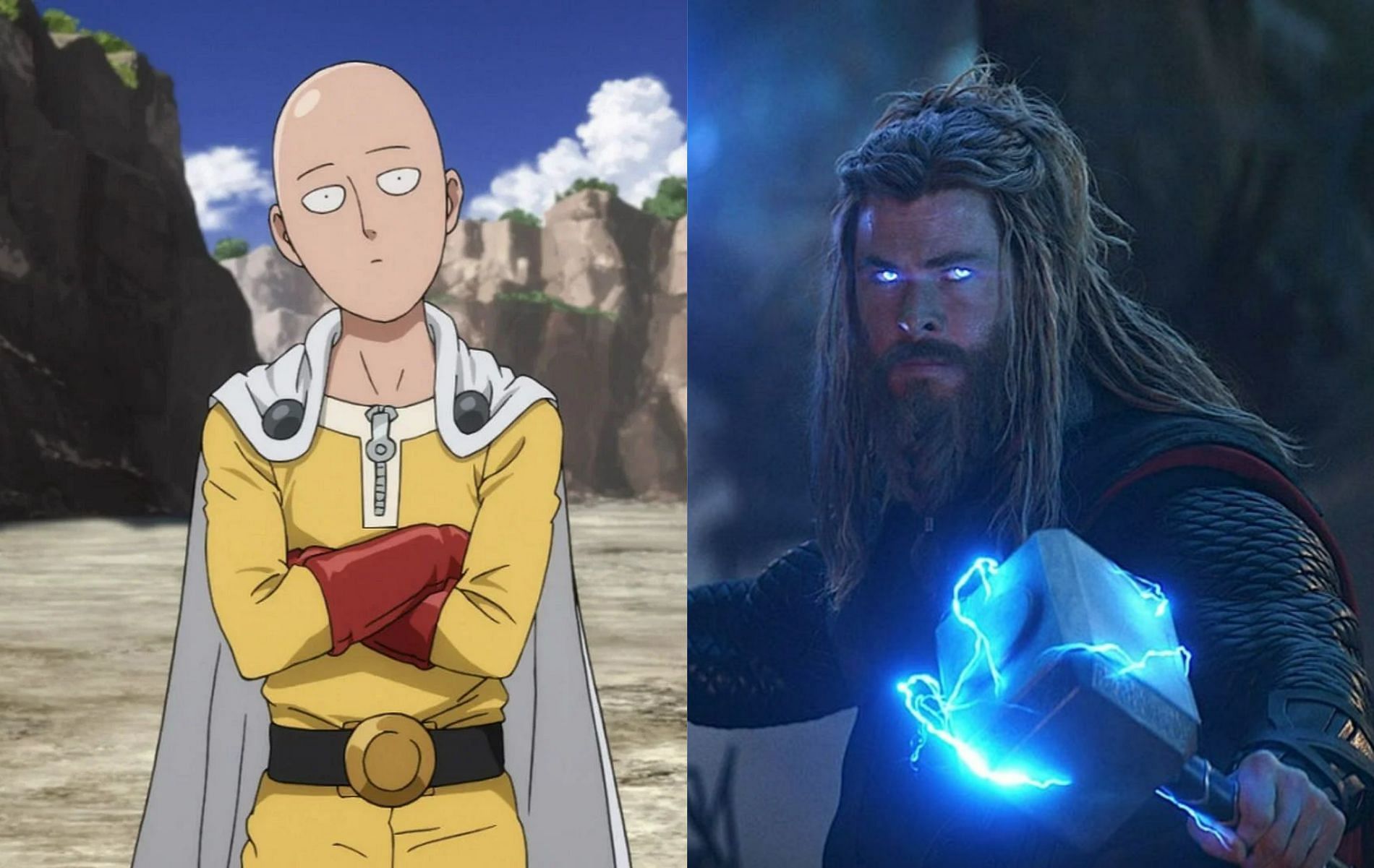 Is One Punch Man&#039;s Saitama worthy of wielding Mjolnir? (Images via One Punch Man and Marvel Cinematic Universe)