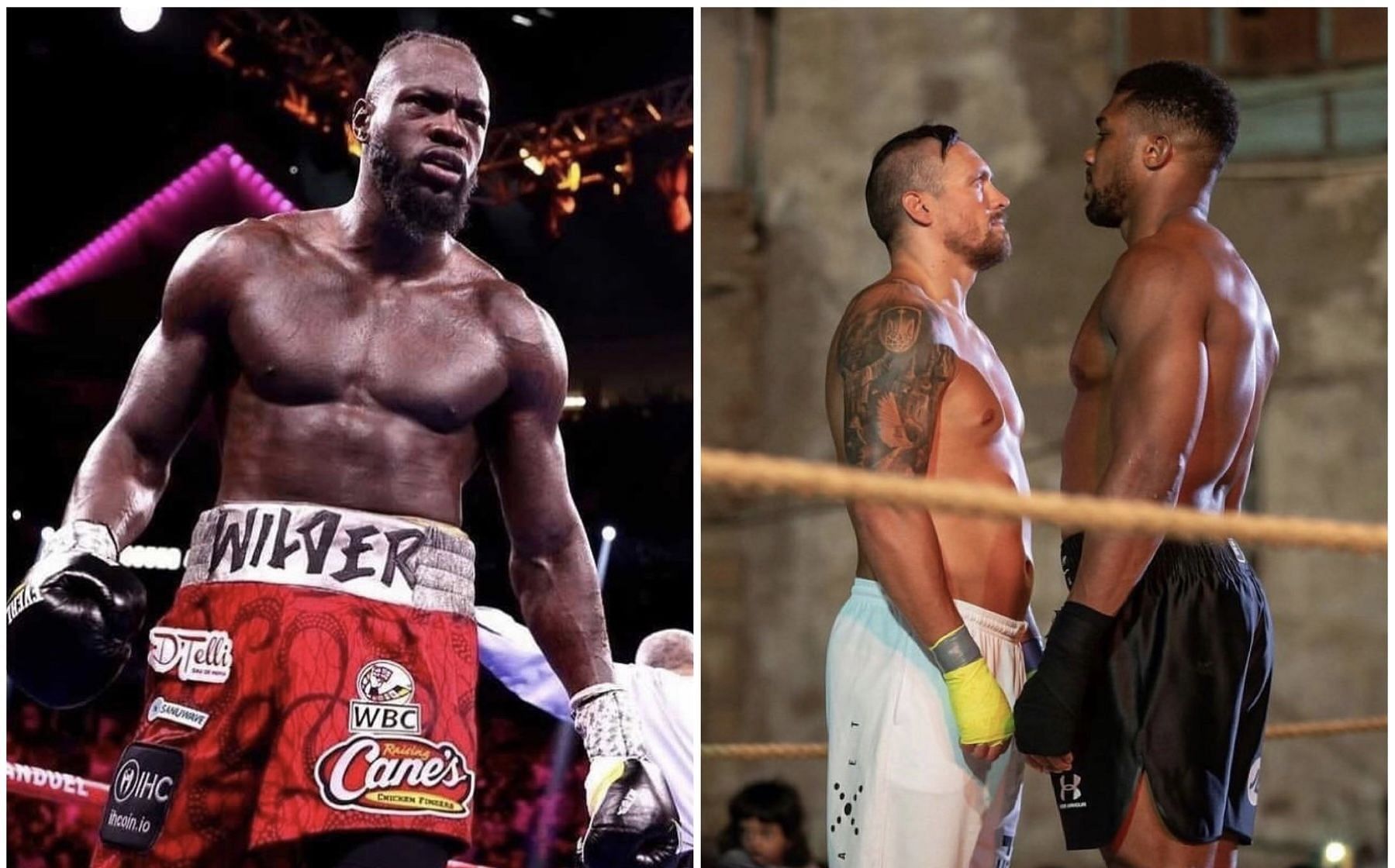Deontay Wilder (left), Oleksandr Usyk (center), and Anthony Joshua (right) [Images via @usykaa and @bronzebomber]