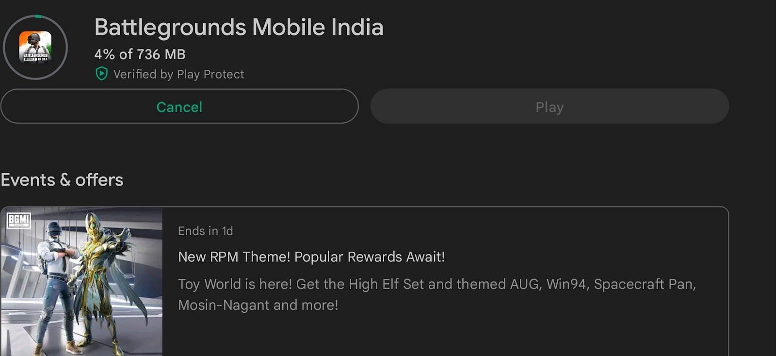 Battlegrounds Mobile India 2.1 has a total file size of 736 MB on the Play Store (Image via Google Play Store)