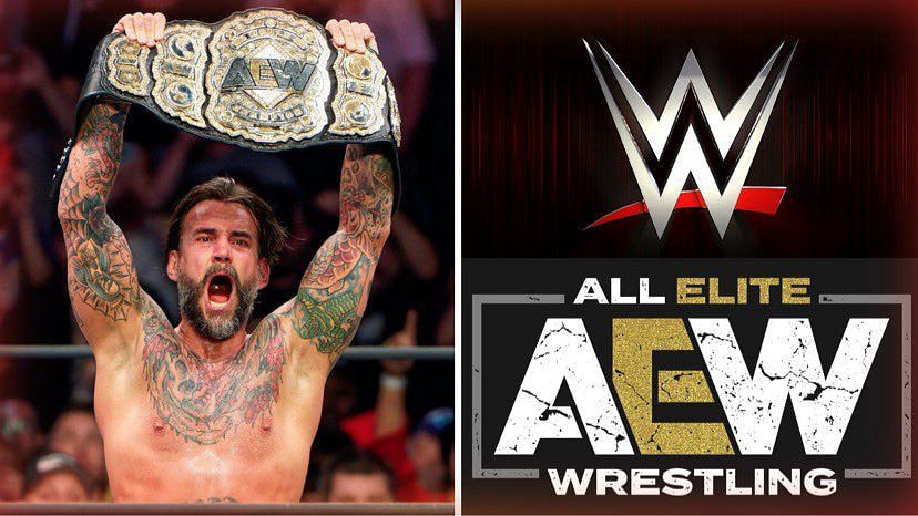 CM Punk (left) and AEW and WWE logos (right)