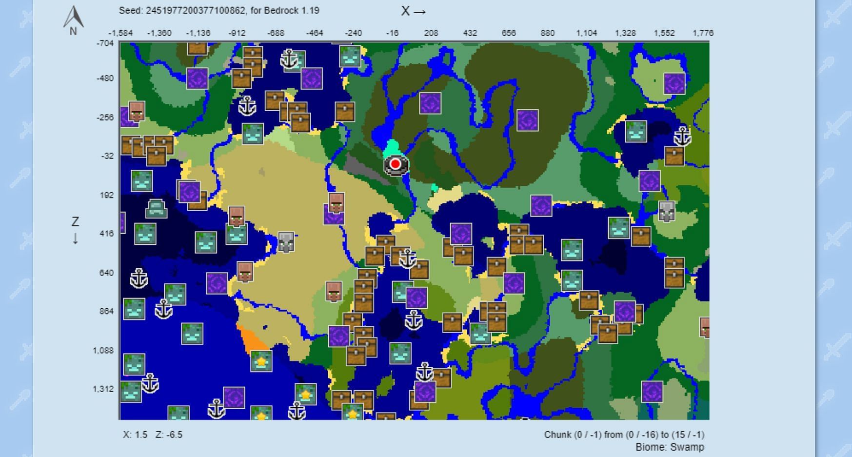 The seed&#039;s spawn area, as generated in a chunk map (Image via Chunkbase)